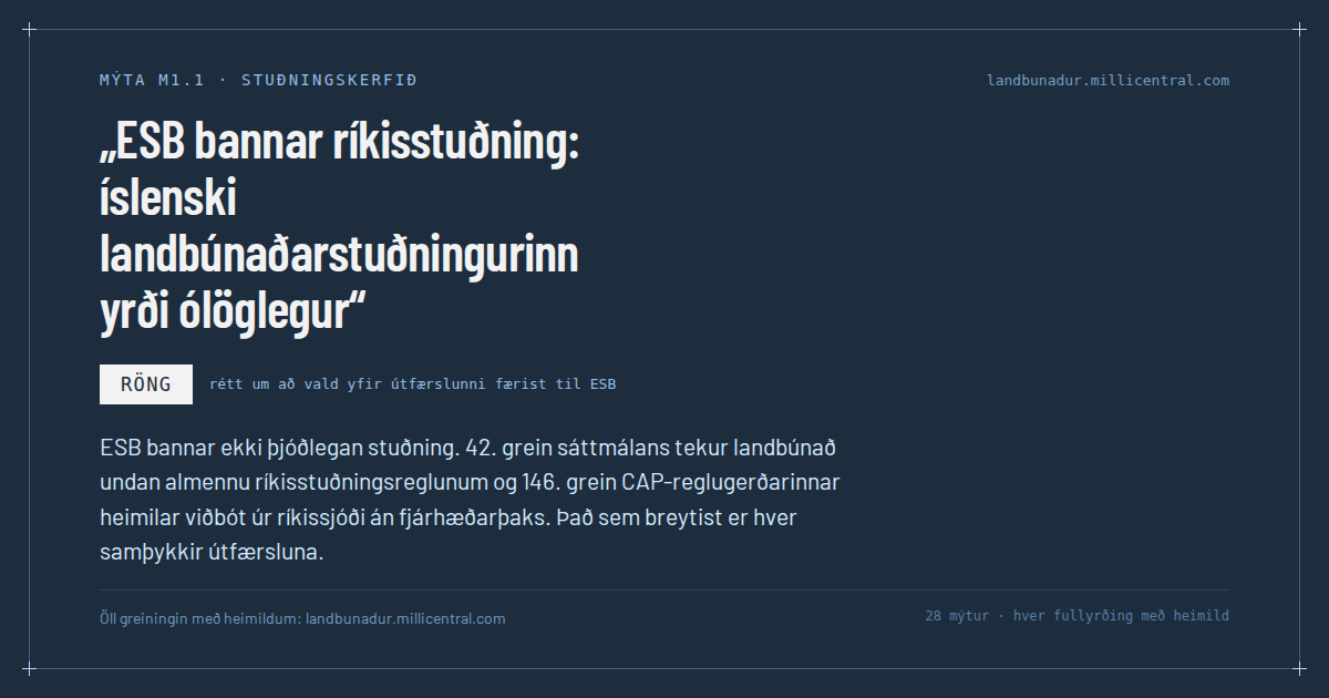 Mýtukort M1.1: ESB bannar ríkisstuðning: íslenski landbúnaðarstuðningurinn yrði ólöglegur