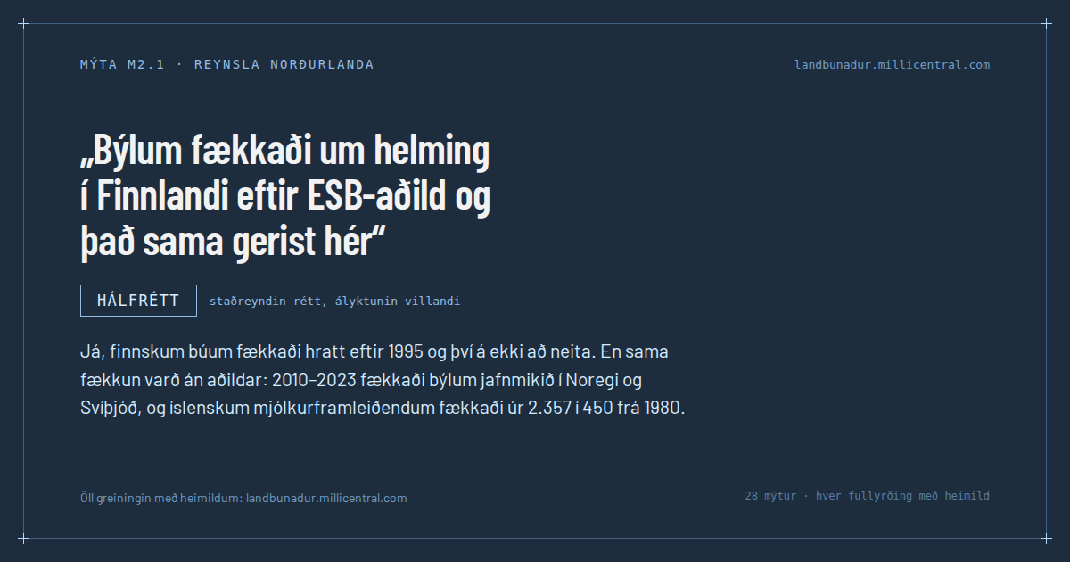 Mýtukort M2.1: Býlum fækkaði um helming í Finnlandi eftir ESB-aðild og það sama gerist hér