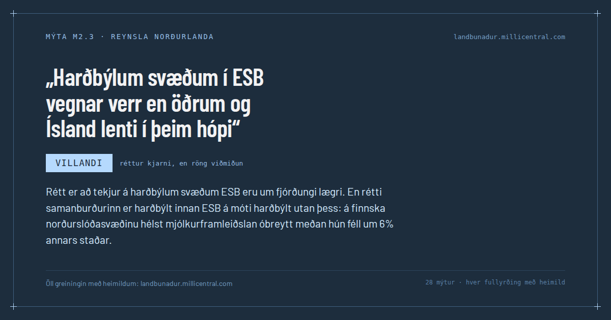 Mýtukort M2.3: Harðbýlum svæðum í ESB vegnar verr en öðrum og Ísland lenti í þeim hópi