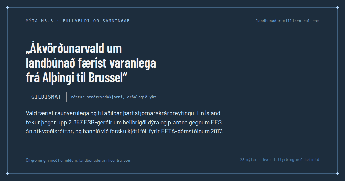Mýtukort M3.3: Ákvörðunarvald um landbúnað færist varanlega frá Alþingi til Brussel