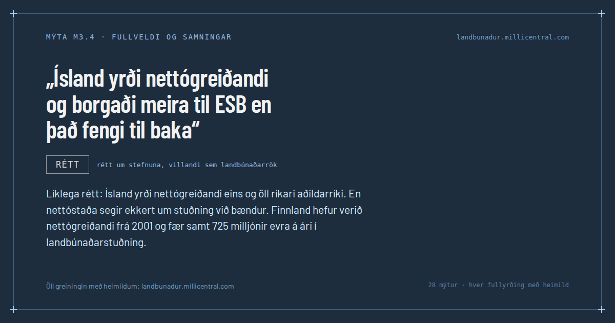 Mýtukort M3.4: Ísland yrði nettógreiðandi og borgaði meira til ESB en það fengi til baka